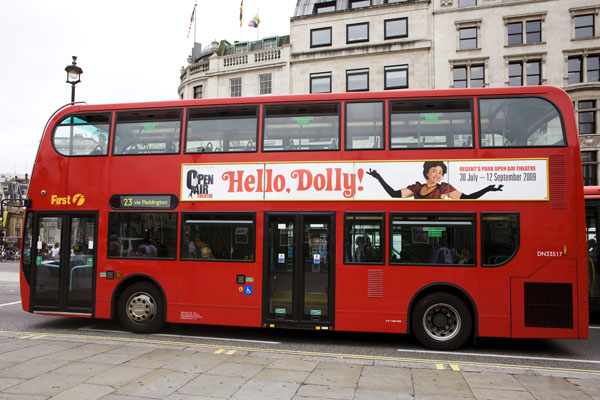 London Bus with Hello Dolly ad