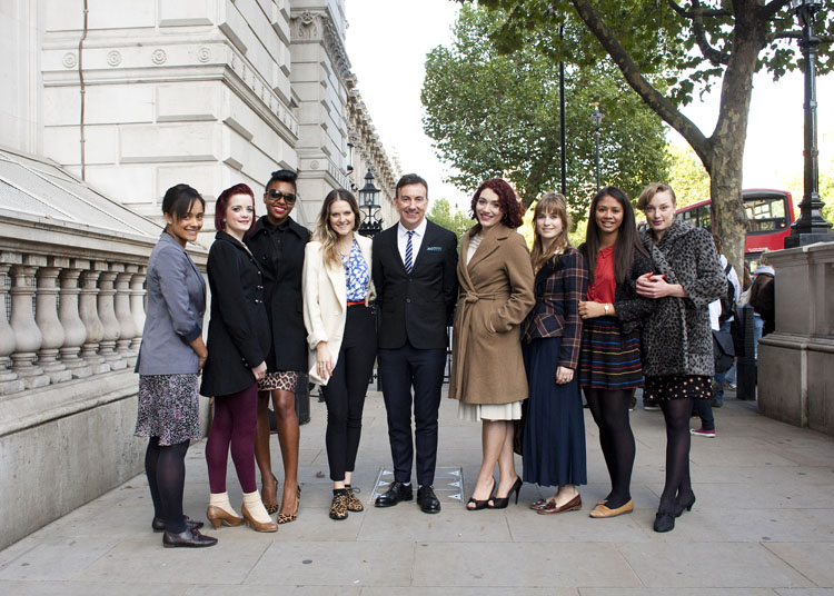 Members of the National Youth Theatre outside Downing Street with Artistic Director Paul Roseby