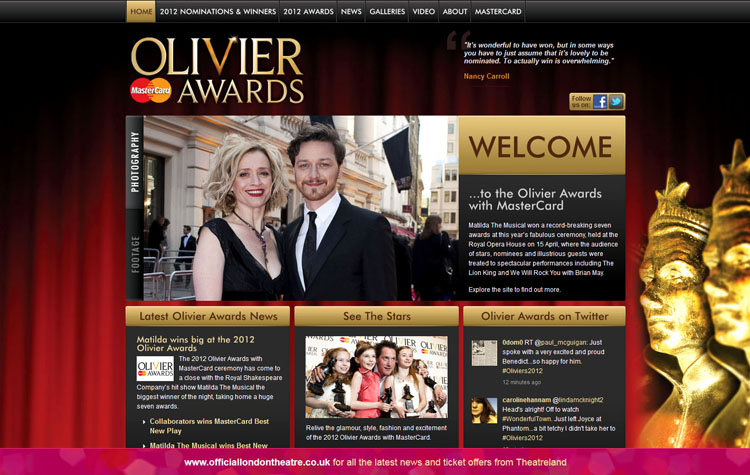 Oliver Awards website featuring the photography of Helen Maybanks
