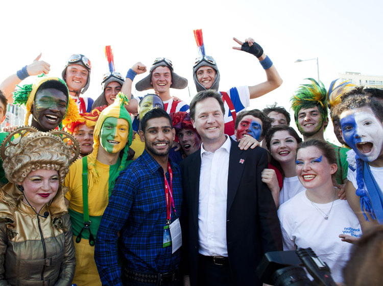 Boxer Aamir Khan, Deputy Prime Minister Nick Clegg and some of the cast of the NYT Team