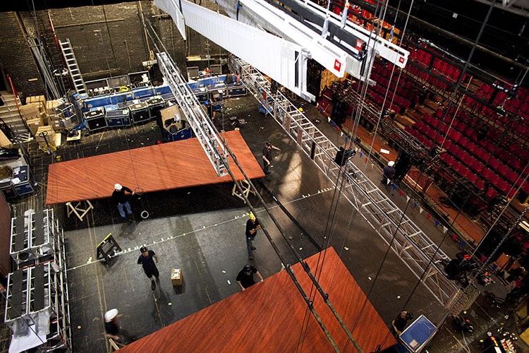 Aerial view of The Hippodrome during the installation of The Lion King set