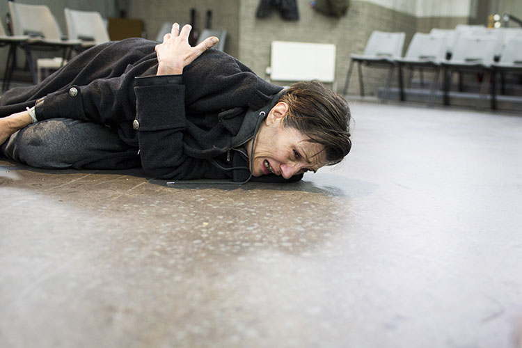 Brutus, beautifully palyed by Harriet Walter, on the floor after murdering Caesar