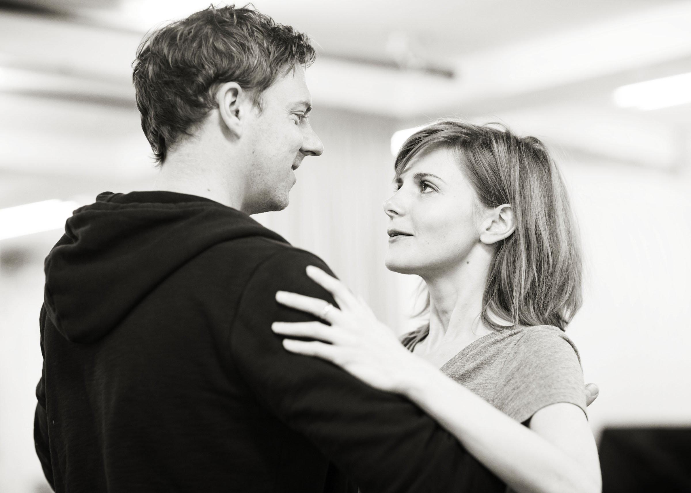 Louise Brealey and Joe Armstrong rehearsing Constellations