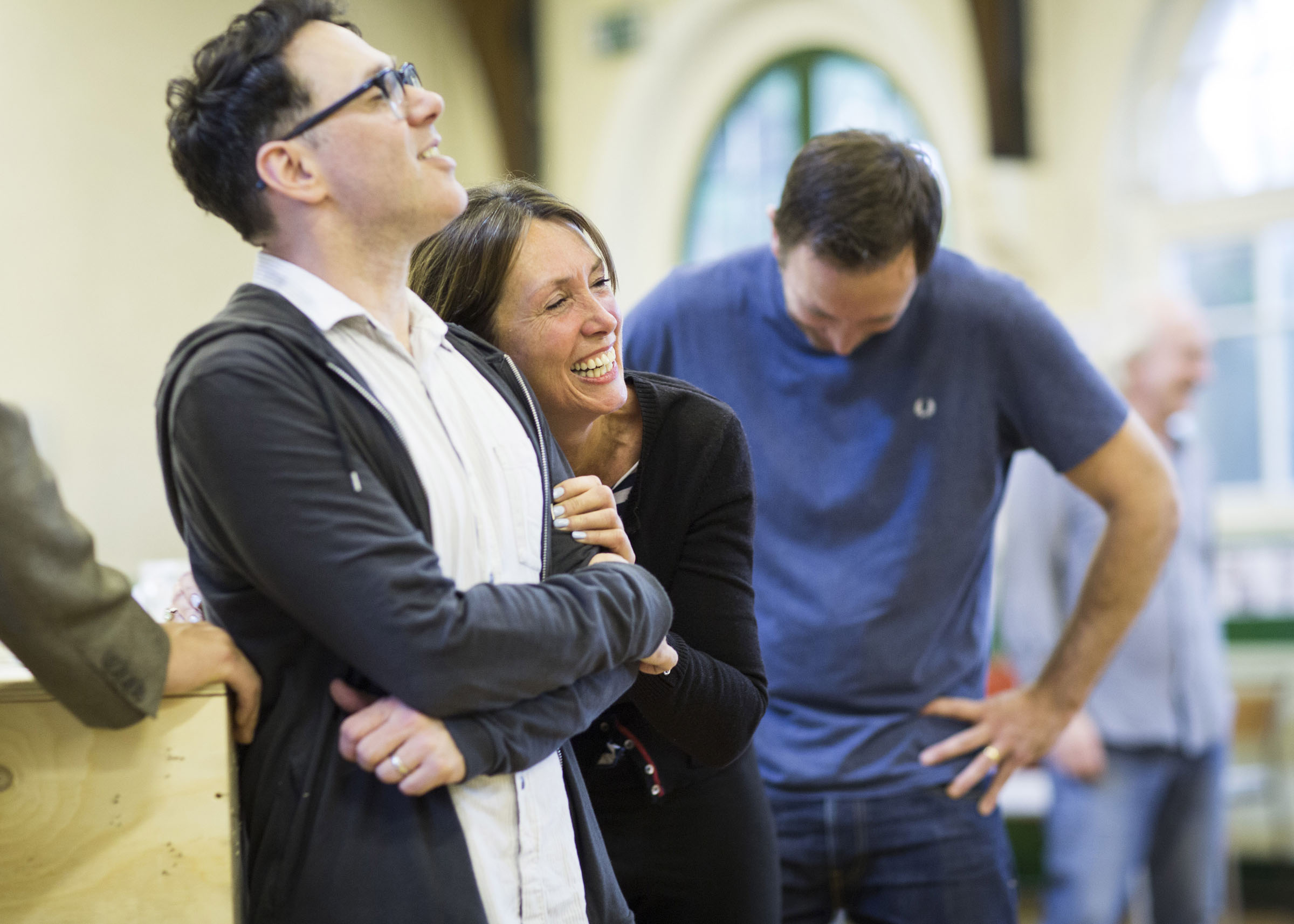 Reece Shearsmith (Syd) and Sally Rogers (Alice) laugh during rehearsals for 'Hangmen'