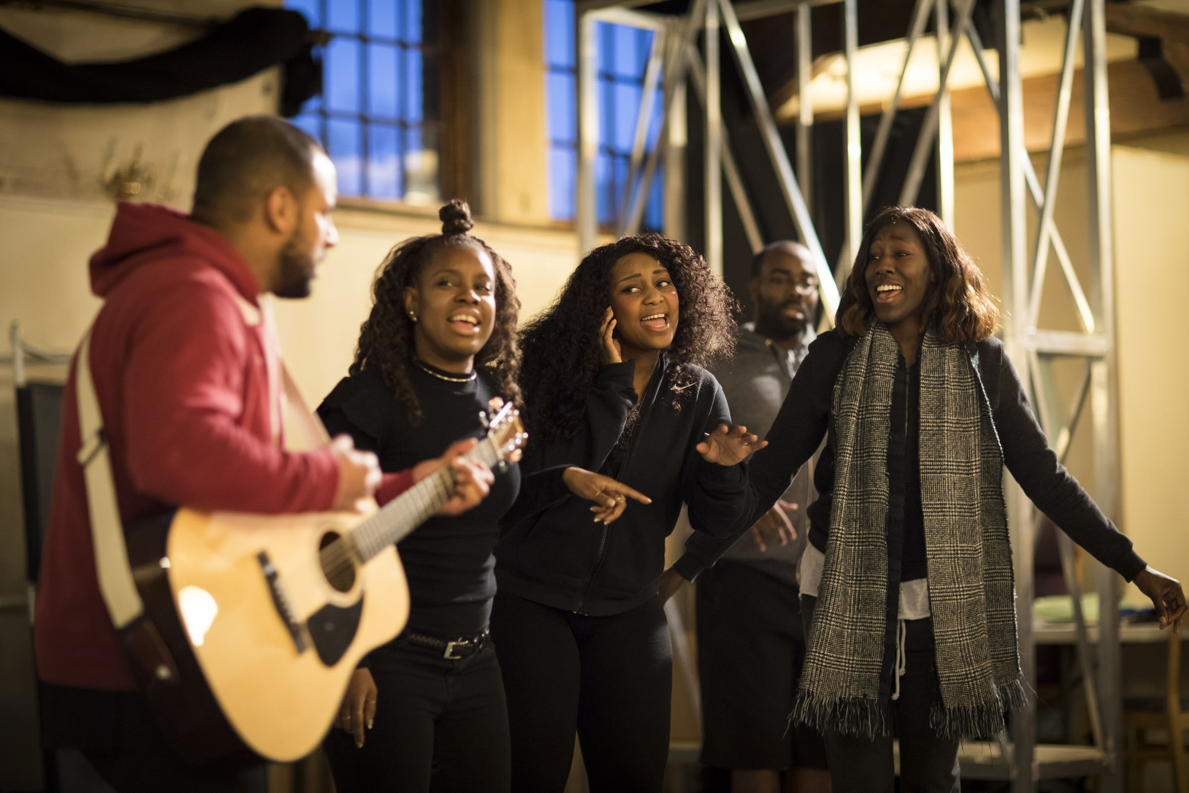 The cast of One Love in rehearsals