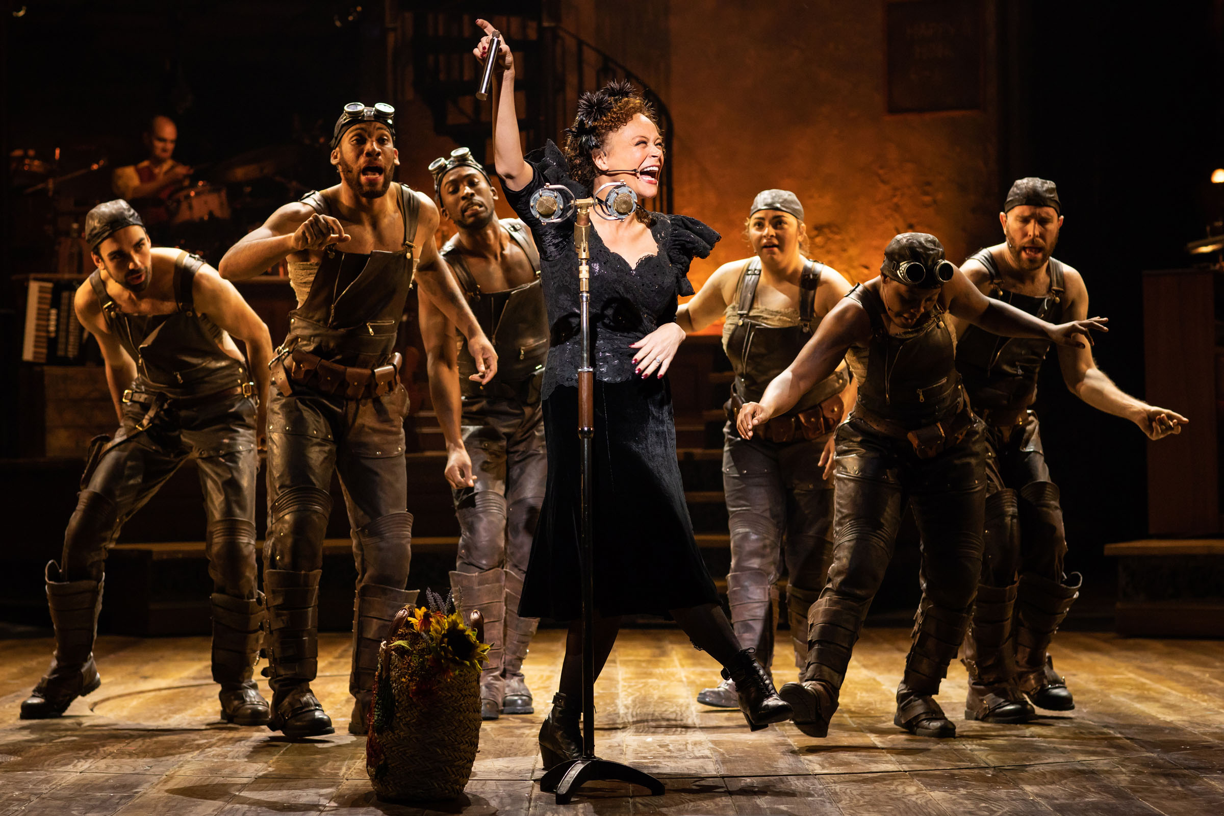 Amber Gray (Persephone) and the company of Hadestown at National Theatre