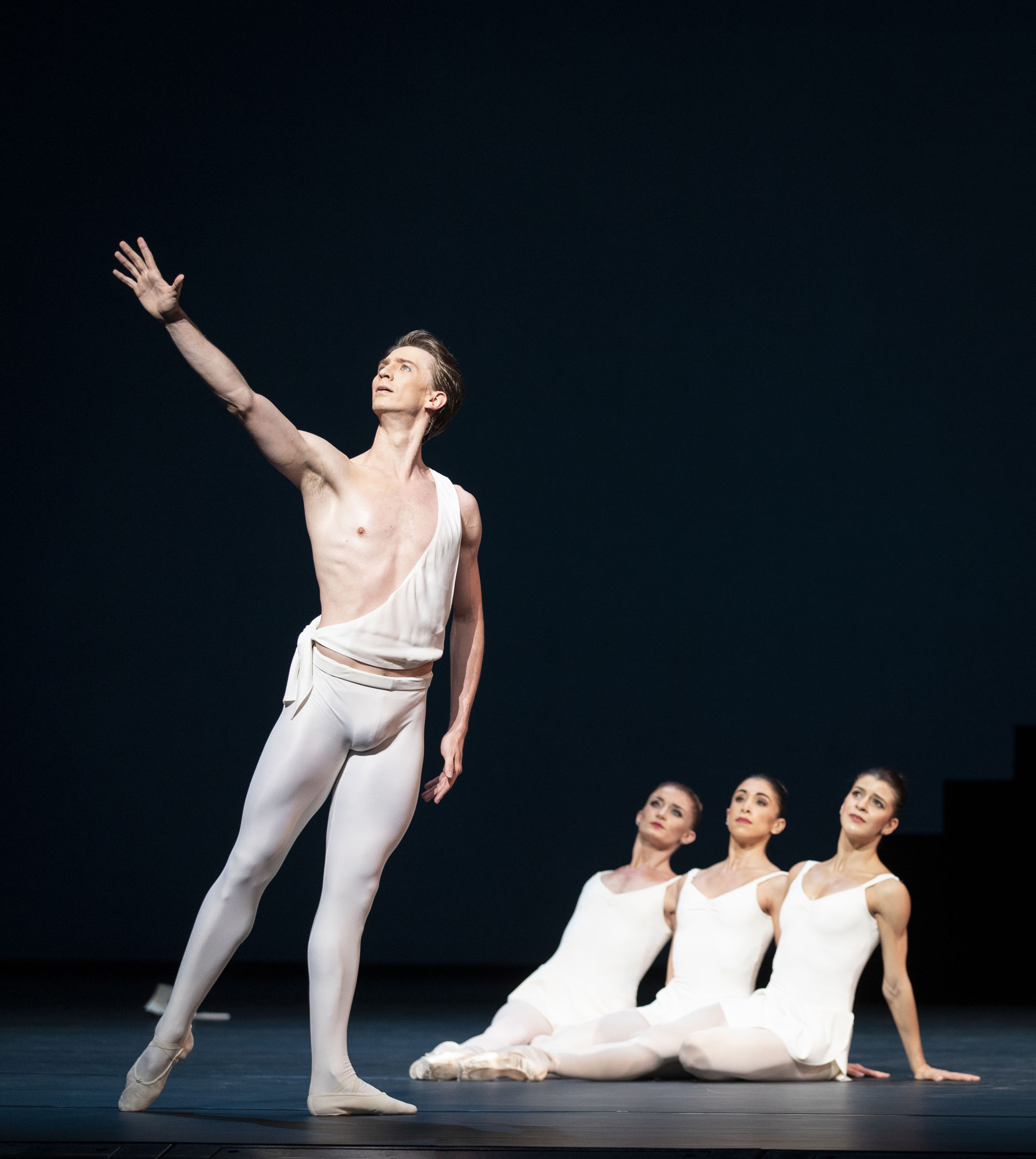 Vadim Muntagirov as Apollo, Anna Rose O’Sullivan as Calliope, Yasmina Naghdi as Terpsichore and Mayara Magri as Polyhymnia of the Royal Ballet